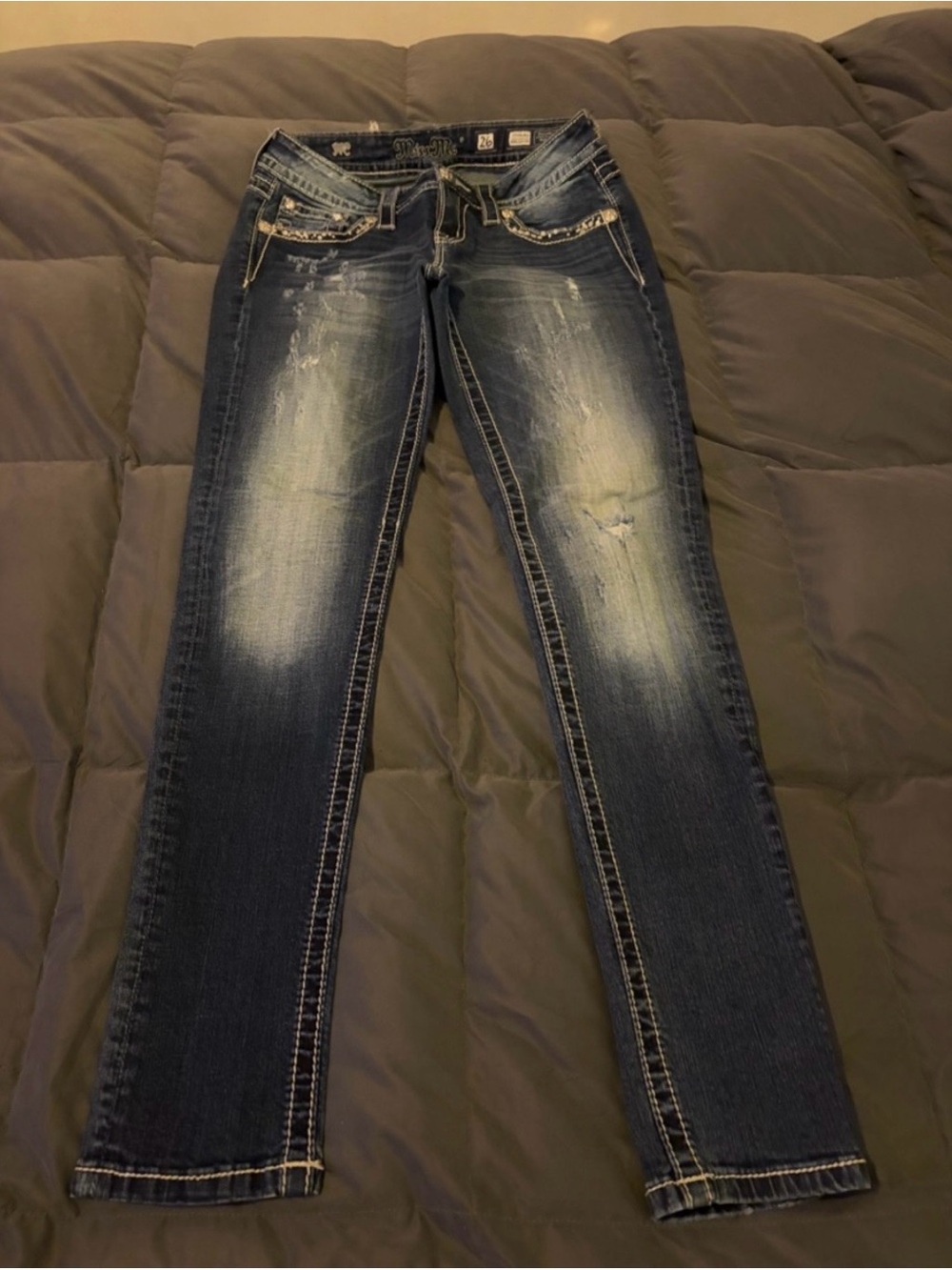 Miss Me Straight Leg Jeans in Dark Blue with Fading